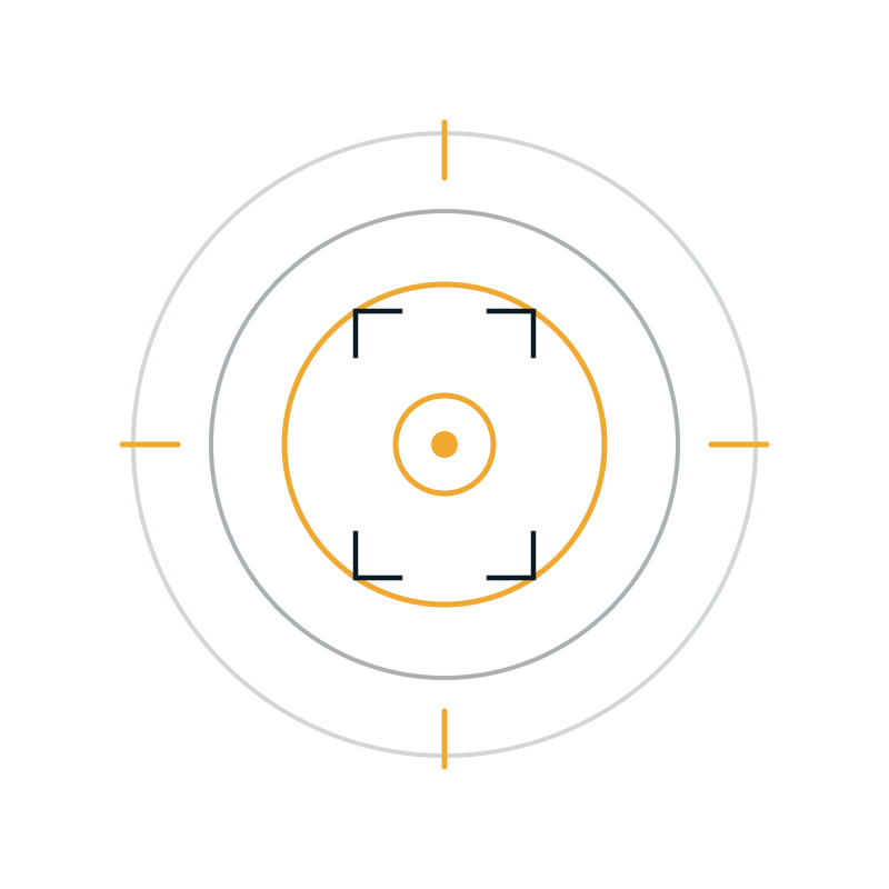 ocus reticle with crop corners and a centered amber bullseye, representing a clean, unbiased view.