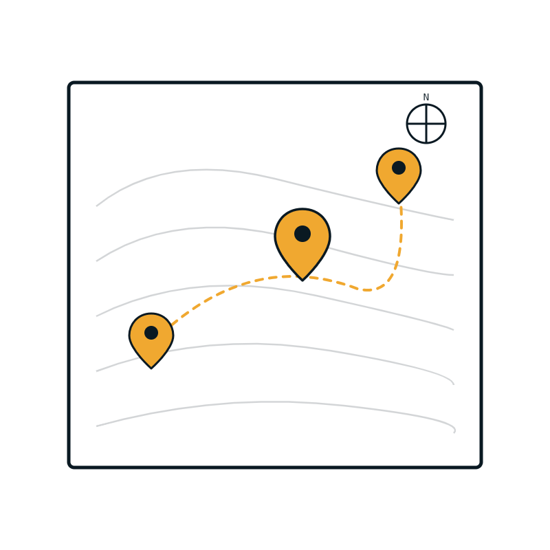 Topographic map with three amber location pins linked by a dashed route, representing identified opportunities.