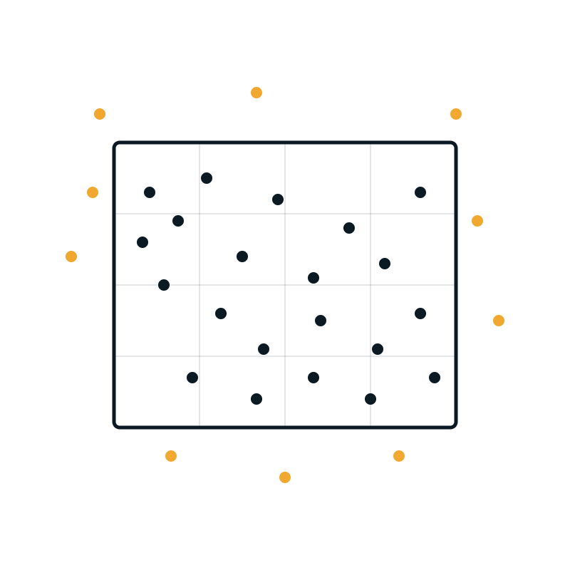 Diagram of a small chart frame overwhelmed by an excess of data points spilling outside its boundaries.
