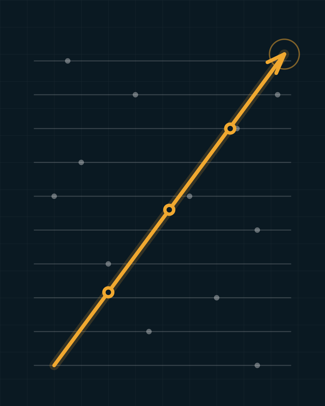 A bold amber arrow cutting decisively upward through faint horizontal lines of background noise.